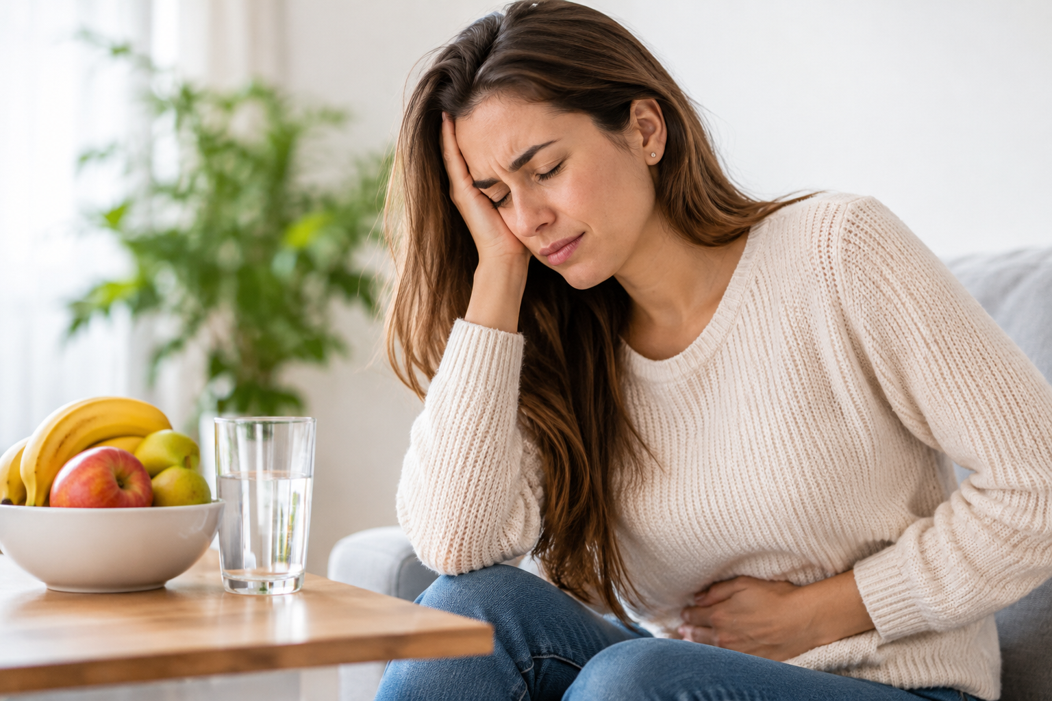 Mujer con molestias abdominales asociadas al síndrome premenstrual, sentada en un sofá junto a un vaso de agua y un recipiente con frutas, en un ambiente luminoso y natural.