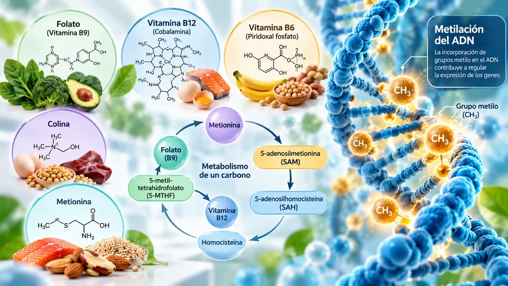 Vitaminas B9, B12 y B6, colina y metionina: nutrientes relacionados con el metabolismo de un carbono y la metilación del ADN, un proceso que participa en la regulación de la expresión genética.